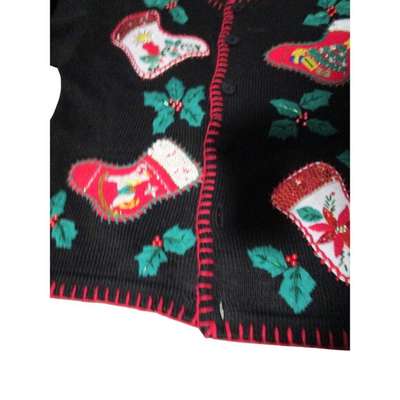 Vintage Victoria Jones Christmas Sweater Med Black Stocking Holly Applique GUC - Picture 8 of 9